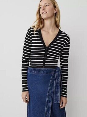 NEW Black With White Stripes ANN TAYLOR Long Sleeve Ribbed Cardigan Top M NWT